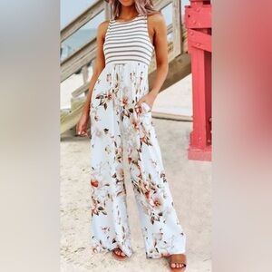 White Striped Floral Sleeveless Women's Jumpsuit